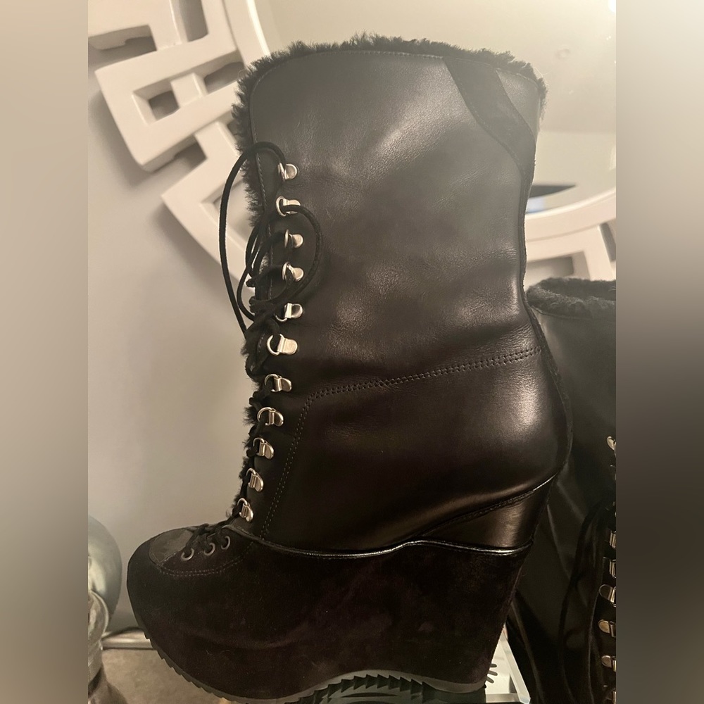 COPY - Ysl Saint Laurent Ariane Shearling Black Lace Up Wedge